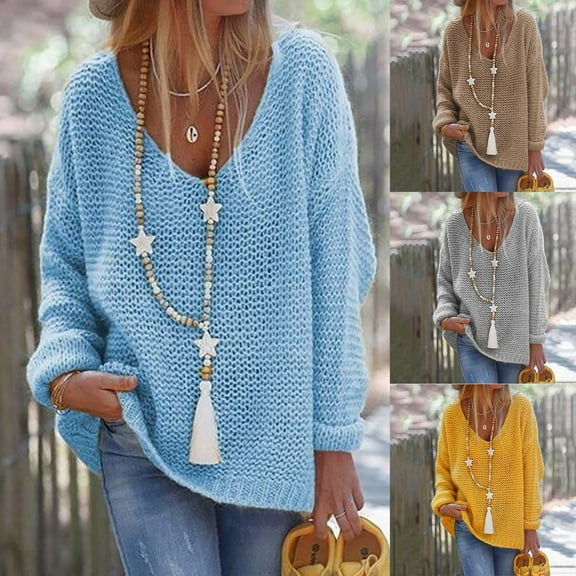 Fartey Oversized Hollow Out Sweater for Women Loose Casual V Neck Pullover Tops Lightweight Long Sleeve Crochet Sweaters Fall Winter Clothes Blue L