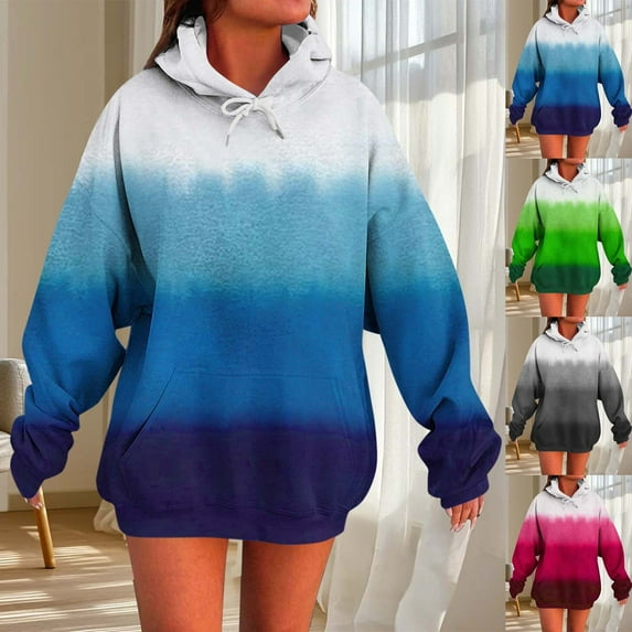 Fartey Oversized Hoodies for Women Trendy Color Block Gradient Pullover Tops Loose Fit Long Sleeve Drawstring Hooded Sweatshirts with Pockets Gray S