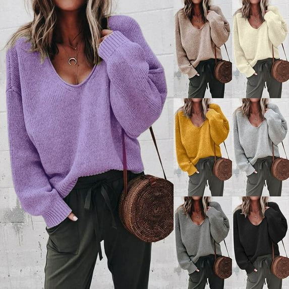 Fartey Oversized Knitted Sweater for Women Trendy Deep V Neck Long Sleeve Pullover Tops Loose Fit Drop Shoulder Sweater Fashion Fall Winter Solid Color Sweaters Black L