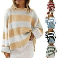 thumbnail image 1 of Fartey Oversized Knitted Sweaters for Women Trendy Striped Color Block Sweater Loose Casual Long Sleeve Crew Neck Pullover Sweater Fall Winter Knit Jumper Tops Light Blue L, 1 of 6