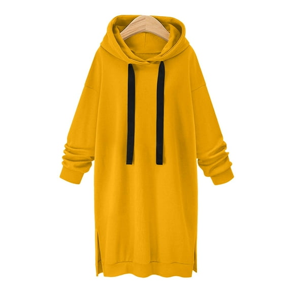 Fartey Oversized Long Hoodies for Women Fashion Simple Solid Color Fleece Sweatshirts Split Hem Drawstring Hooded Pullover Tops Loose Casual Long Sleeve Sweatshirt with Pockets