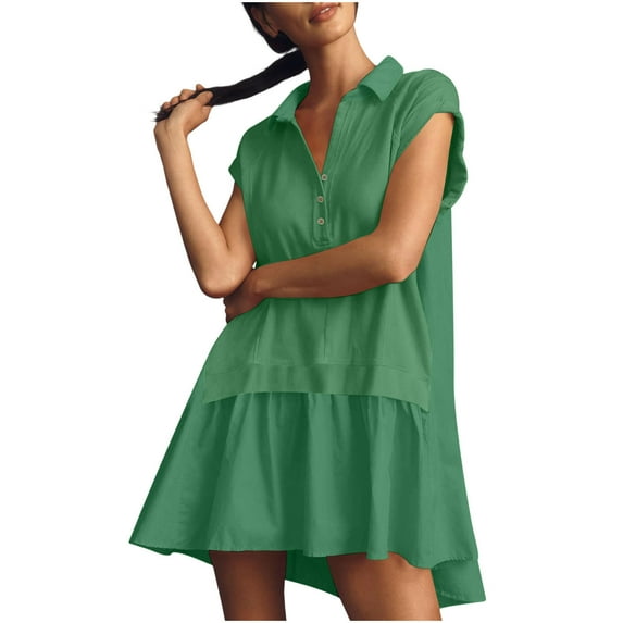 Fartey Oversized Patchwork Mini Dresses for Women Summer Button Down V Neck Dress Loose Short Sleeve Lapel Collar Sundress Fashion Solid Color Sundresses Green M