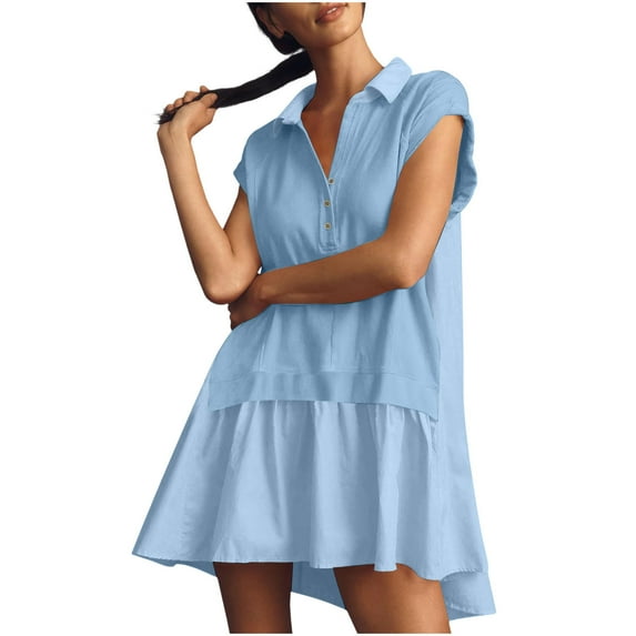 Fartey Oversized Patchwork Mini Dresses for Women Summer Button Down V Neck Dress Loose Short Sleeve Lapel Collar Sundress Fashion Solid Color Sundresses Light Blue XL