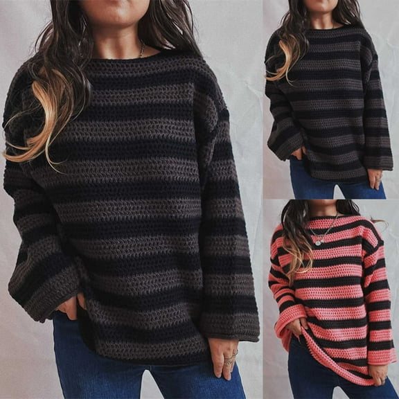 Fartey Oversized Striped Knit Sweater for Women Loose Fit Fall Long Sleeve Sweaters Fashion Color Bock Crew Neck Knitted Tops Winter Chunky Knit Pullover Pink S