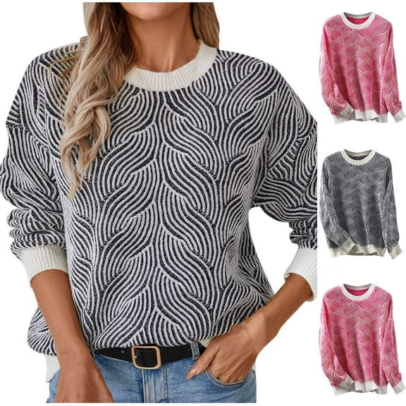 Fartey Oversized Striped Sweater for Women Loose Fit Long Sleeve Drop Shoulder Sweaters Cozy Fall Winter Crew Neck Chunky Knit Pullover Tops Fashion Color Block Knitwear Hot Pink S