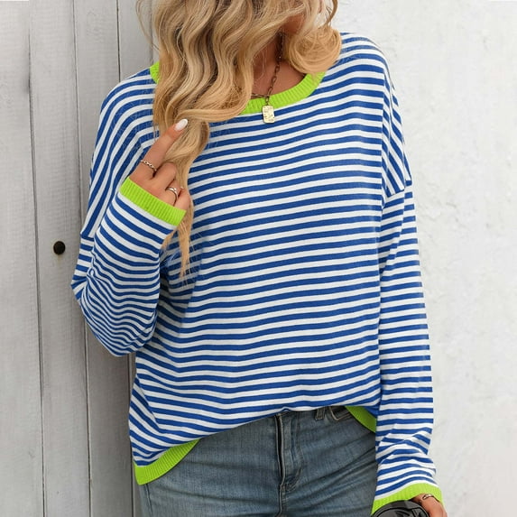 Fartey Oversized Striped Sweaters for Women 2024 Fashion Fall Long Sleeve Crew Neck Pullover Tops Y2K Drop Shoulder Sweaters
