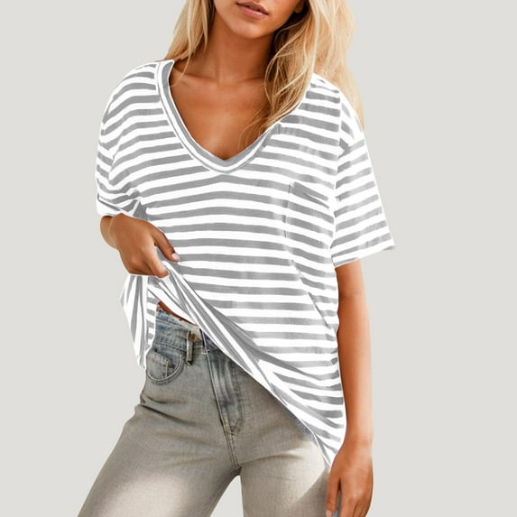 Fartey Oversized Striped T Shirts for Women Summer V Neck Short Sleeve Blouses Casual Loose Drop Shoulder Tees 2025 Fashion Y2K Going Out Tops Gray XL