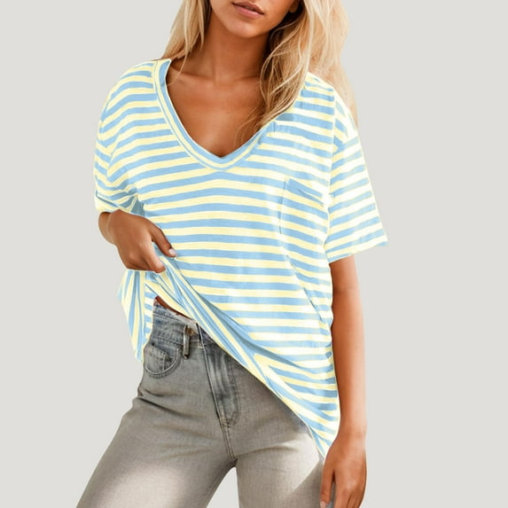 Fartey Oversized Striped T Shirts for Women Summer V Neck Short Sleeve Blouses Casual Loose Drop Shoulder Tees 2025 Fashion Y2K Going Out Tops Green XL