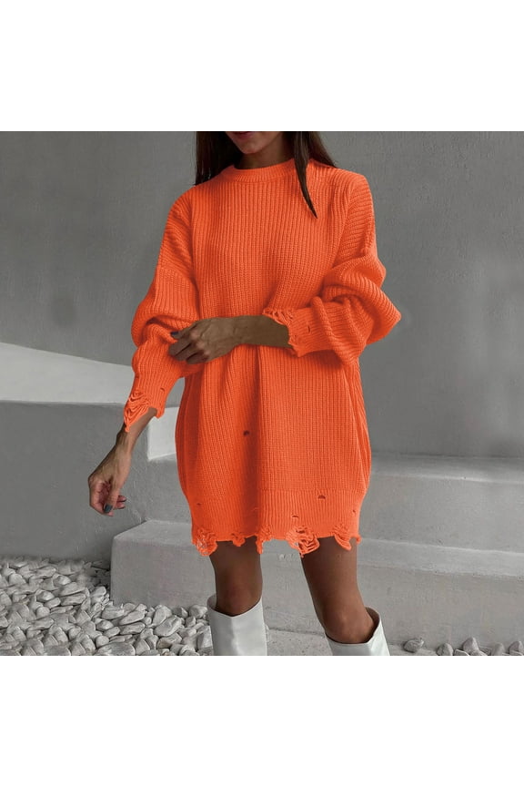 Oversized Sweater for Women 2025 Fashion Ripped Crew Neck Pullover Sweaters Solid Color Long Sleeve Knitted Sweaters