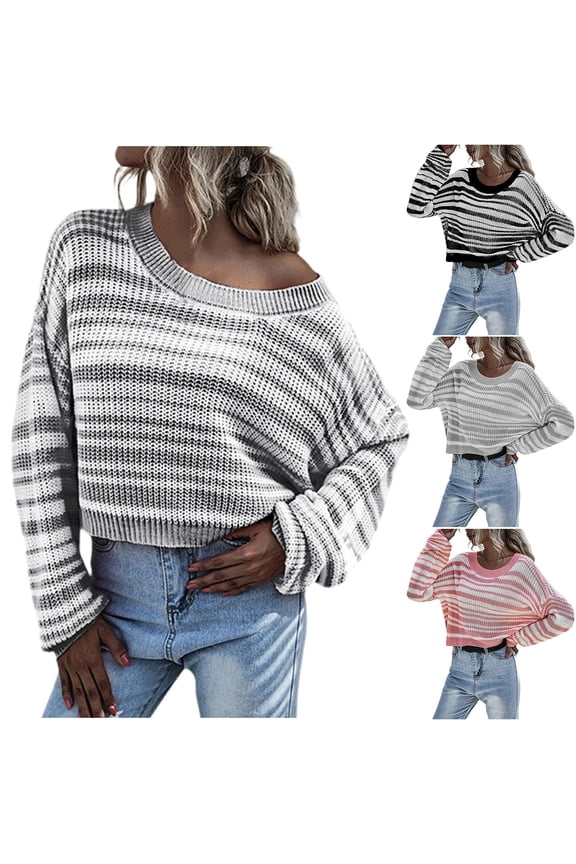 Oversized Sweater for Women Trendy Off The Shoulder Striped Sweaters Loose Casual Long Sleeve Crew Neck Knit Pullover Tops Gray M