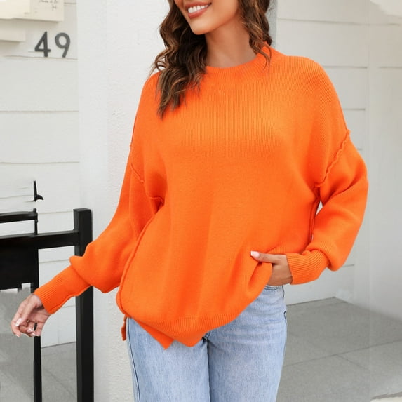 Fartey Oversized Sweaters for Women 2025 Fall Fashion Long Sleeve Kintted Warm Sweater Loose Casual Solid Color Crew Neck Pullover Sweaters Orange L