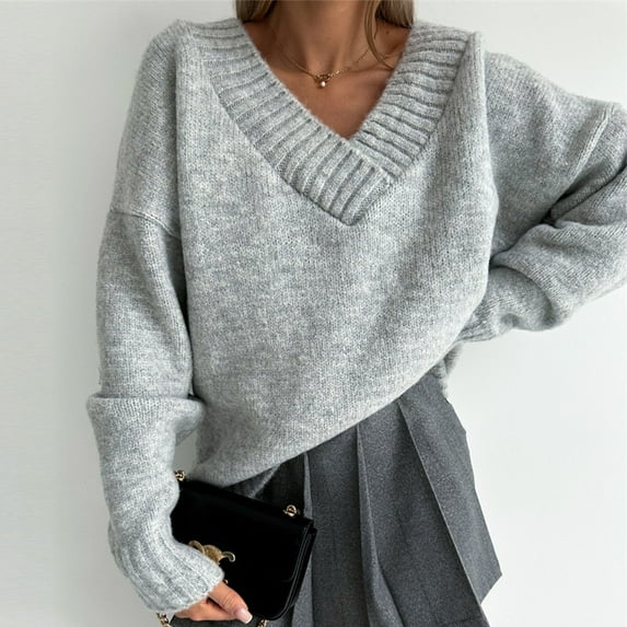 Fartey Oversized Sweaters for Women Deep V Neck Long Sleeve Cable Knit Sweater Fashion Fall Solid Color Pullover Sweaters