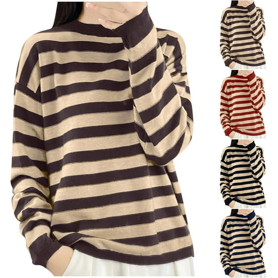 Fartey Oversized Sweaters for Women Trendy Striped Knit Sweater Cozy Fall Crew Neck Pullover Tops Loose Fit Winter Long Sleeve Sweater Blue L