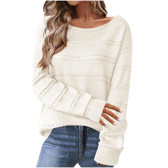 Fartey Oversized Sweaters for women 2024 Fashion Scoop Neck Pullover Sweater Fall Loose Lightweight Solid Color Long Sleeve Hollow Knit Sweaters White XL