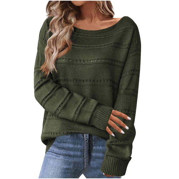 Fartey Oversized Sweaters for women 2025 Fashion Scoop Neck Pullover Sweater Fall Loose Lightweight Solid Color Long Sleeve Hollow Knit Sweaters Army Green S