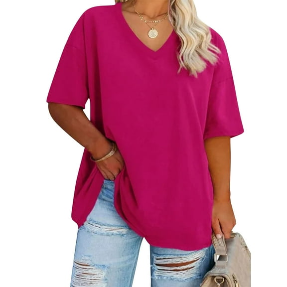 Fartey Oversized T Shirts for Women Plus Size Short Sleeve V Neck Shirt Casual Loose Drop Shoulder Tees Summer Soft Comfy Basic Tunic Tops 2025 Hot Pink XXXXL