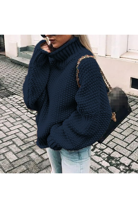 Oversized Turtleneck Sweaters for Women Fall Chunky Knit Pullover Tops Loose Fit Long Sleeve Turtle Neck Pullover Cozy Winter Jumper Tops Navy L