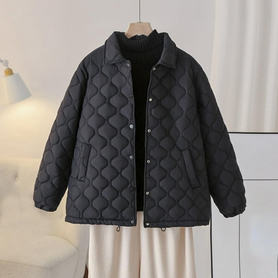 Fartey PLus Size Womens Quilted Coat Dressy Casual Lapel Neck Button Down Cardigan Fashion Solid Color Long Sleeve Padded Jacket Warm Winter Coats with Pockets