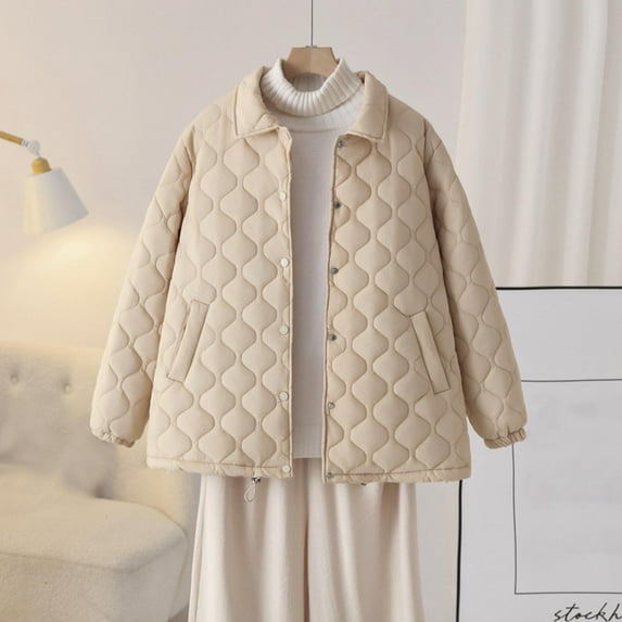 Fartey PLus Size Womens Quilted Coat Dressy Casual Lapel Neck Button Down Cardigan Fashion Solid Color Long Sleeve Padded Jacket Warm Winter Coats with Pockets