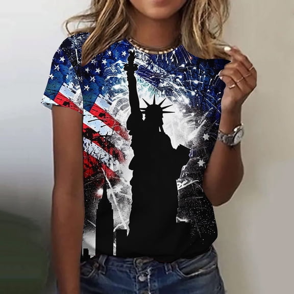 Fartey Patriotic T Shirts for Women American Flag Shirt 4th of July Short Sleeve Tshirt Graphic Tees Loose Casual Crew Neck Holiday Tops Black L