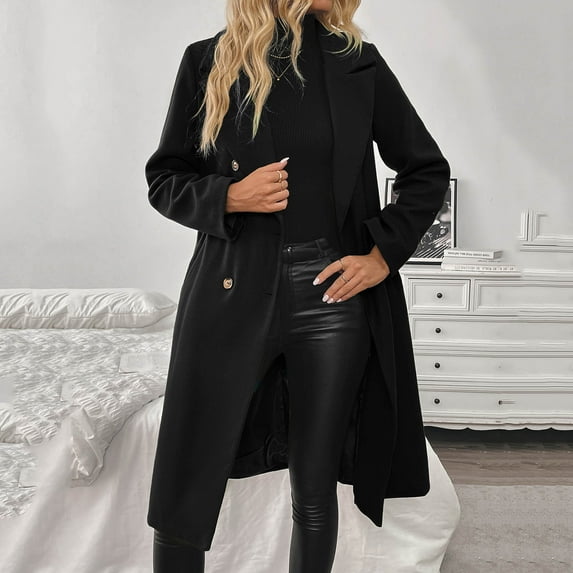 Fartey Pea Coats for Women Notch Collar Single Breasted Mid-Long Trench Coat 2025 Winter Casual Woolen Overcoat Trendy Open Front Cardigant Jackets with Pockets