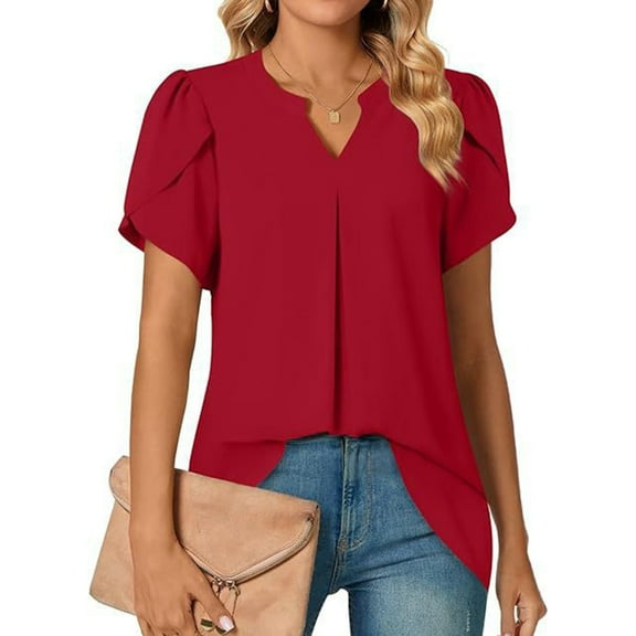 Fartey Petal Sleeve Shirts for Women Elegant V Neck Short Sleeve Tops Loose Flowy Summer Solid Color Tshirts Business Casual Work Blouses Red XXL