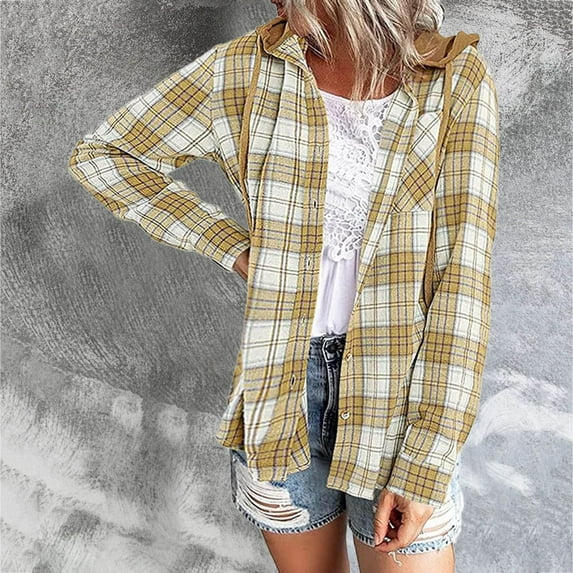 Fartey Plaid Jackets for Women Flannel Hooded Shacket Coats Oversized Button Up Jacket with Pockets Loose Comfy Long Sleeve Coats