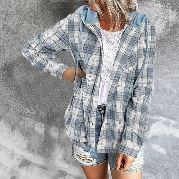 Fartey Plaid Jackets for Women Flannel Hooded Shacket Coats Oversized Button Up Jacket with Pockets Loose Comfy Long Sleeve Coats