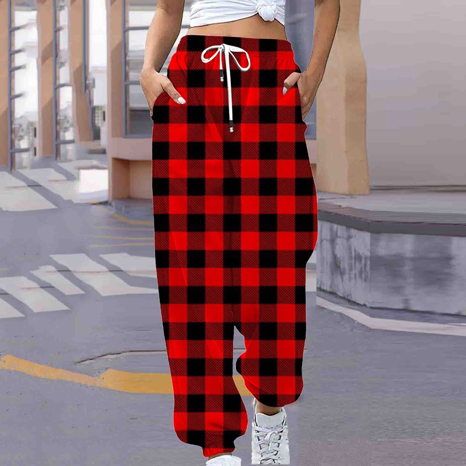 Fartey Plaid Print Pants for Women 2024 Tapered Sweatpants Drawstring Elastic Waist Cinch Bottom Pants Baggy Joggers with Pockets Checkered Pants Walmart