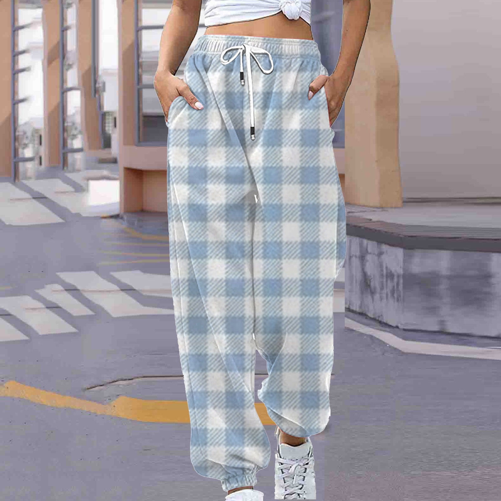 Fartey Plaid Print Pants for Women 2024 Tapered Sweatpants Drawstring Elastic Waist Cinch Bottom Pants Baggy Joggers with Pockets Checkered Pants Walmart