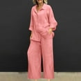 thumbnail image 1 of Fartey Plus Size 2 Piece Cotton Linen Outfits for Women Loose Casual Lounge Sets Long Sleeve Button Down Shirts and Wide Leg Pants Fall Solid Color Loungewear Suits, 1 of 4