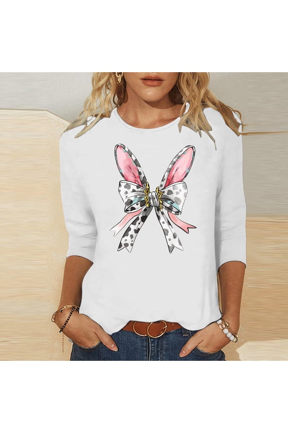 Plus Size 3/4 Sleeve Shirts for Women 2025 Trendy Easter T Shirts Cute Graphic Tees Slim Fit Summer Crew Neck Tunic Tops Dressy Casual Holiday Tshirt White S-5XL