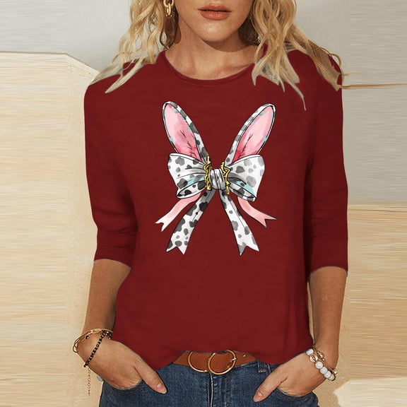 Fartey Plus Size 3/4 Sleeve Shirts for Women 2025 Trendy Easter T Shirts Cute Graphic Tees Slim Fit Summer Crew Neck Tunic Tops Dressy Casual Holiday Tshirt Wine S-5XL