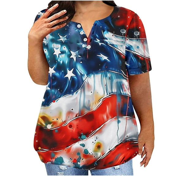 Fartey Plus Size 4th of July Shirt for Women Dressy Casual Button Down V Neck Tops American Flag Graphic Tees Short Sleeve Patriotic T Shirts Independence Day Crewneck Blouses Multicolor L