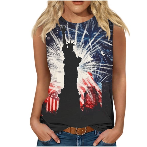 Fartey Plus Size 4th of July Tank Tops for Women Retro American Flag Print Sleeveless Shirts Patriotic Crew Neck Tanks Memorial Day Blouses 2025 Black S