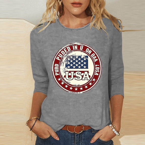 Fartey Plus Size 4th of July Tops for Women 3/4 Sleeve Patriotic Shirts American Flag Graphic Tees Slim Fit Tunic Top Dressy Casual Crew Neck Holiday T Shirts Gray XL