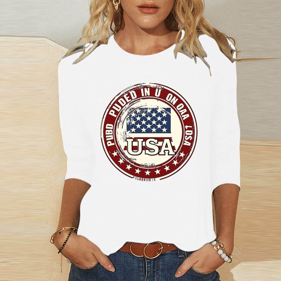 Fartey Plus Size 4th of July Tops for Women 3/4 Sleeve Patriotic Shirts American Flag Graphic Tees Slim Fit Tunic Top Dressy Casual Crew Neck Holiday T Shirts White XXL