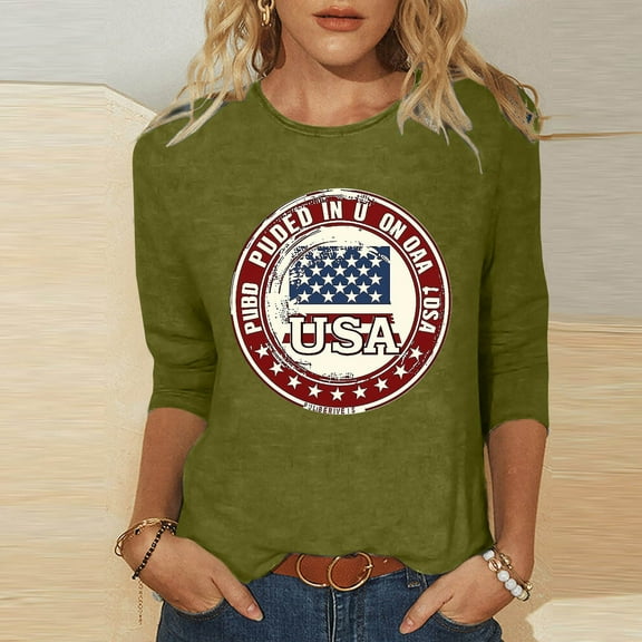 Fartey Plus Size 4th of July Tops for Women 3/4 Sleeve Patriotic Shirts American Flag Graphic Tees Slim Fit Tunic Top Dressy Casual Crew Neck Holiday T Shirts Army Green XXL