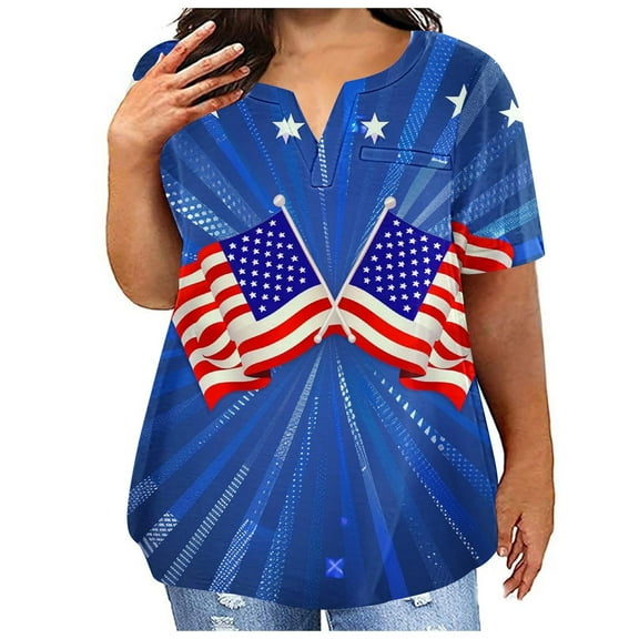 Fartey Plus Size 4th of July Tops for Women Cute American Flag Graphic Tees Dressy Casual Short Sleeve V Neck Patriotic T Shirts Loose Fit Festival Tshirt Blue XL