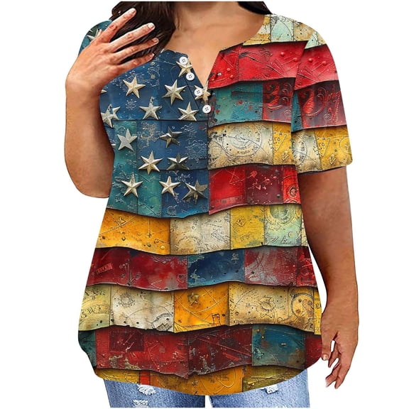 Fartey Plus Size 4th of July Tops for Women Vintage American July Graphic Tees Dressy Casual Independence Day Short Sleeve Shirts Patriotic Crewneck T-Shrits Multicolor XXL