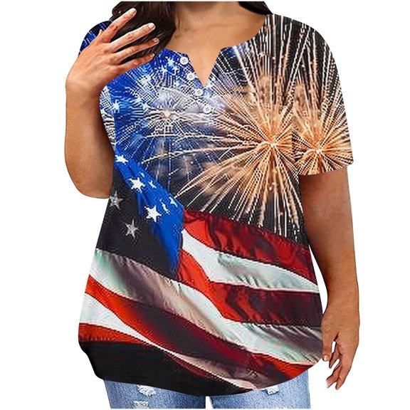 Fartey Plus Size American Flag Shirt for Women Elegant Button Up V Neck T Shirts 4th of July Patriotic Tops Independence Day Graphic Tees Summer Short Sleeve Blouses Gray XL
