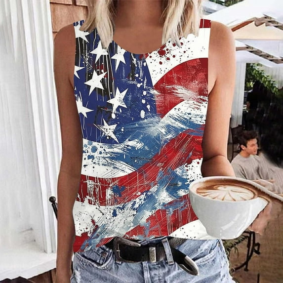 Fartey Plus Size American Flag Sleeveless Shirt for Women 4th of July Crew Neck Tank Tops Patriotic USA Flagt Print Top Soft Comfy Independence Day Tanks Blue XXXXL
