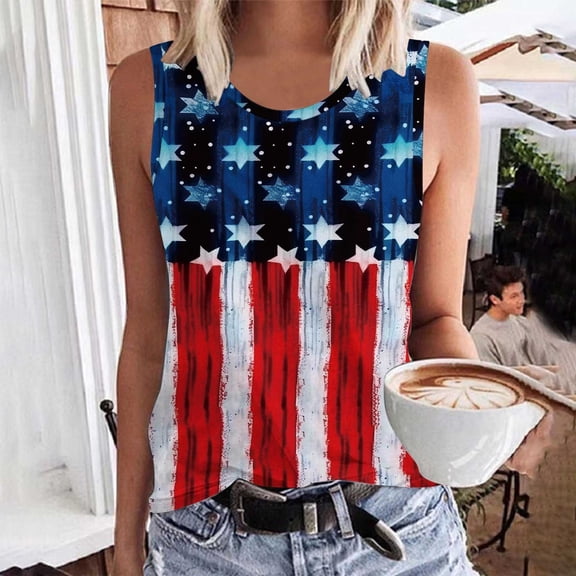 Fartey Plus Size American Flag Tank Tops for Women 4th of July Sleeveless Shirts Casual Summer Crewneck Going Out Tank Top Patriotic Shirt Multicolor XXXL