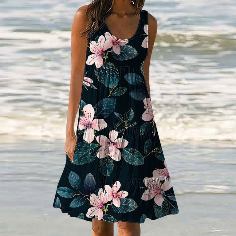 Fartey Plus Size Boho Dresses for Women 2025 Summer Sleeveless Beach Swing Dress Loose Comfy Crewneck Tiered Sundress Fashion Flowy Floral Print Midi