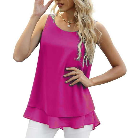 Fartey Plus Size Chiffon Tank Tops for Women Loose Flowy Double Layers Hem Top Summer Crew Neck Sleevelss Shirt Fashion Elegant Solid Color Going Out Clothing 2025 Hot Pink XXXL