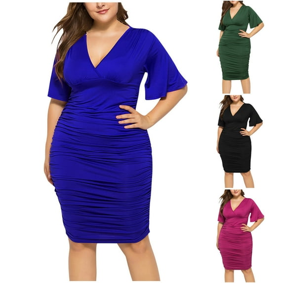 Fartey Plus Size Cocktail Dresses for Women Trendy V Neck Short Sleeve Wedding Guest Dress Formal Bodycon Evening Party Dress Black 3XL