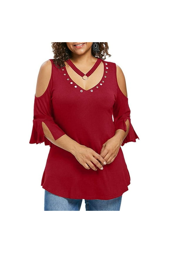 Plus Size Cold Shoulder Tops for Women Dressy Casual Deep V Neck T Shirts Trendy Summer 3/4 Sleeve Tunic Blouse Loose Fit Solid Color Blouses Red 4XL