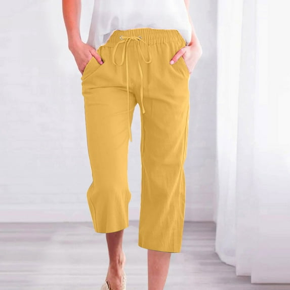 Fartey Plus Size Cotton Linen Pants for Women 2025 Trendy High Waist Drawstring Cropped Pant Trousers Casual Loose Solid Color Wide Leg Capris with Pockets