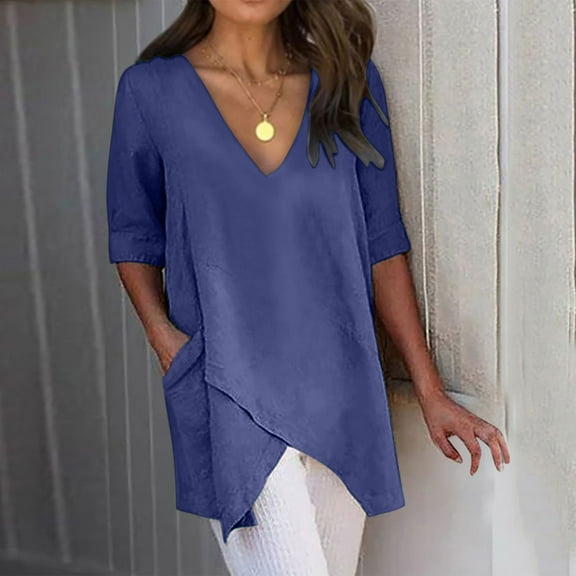 Fartey Plus Size Cotton Linen Shirts for Women Dressy Casual Short Sleeve V Neck Tunic Tops Loose Flowy Irregular Split Hem Blouses Summer Breathable Solid Color T Shirts with Pockets Navy M
