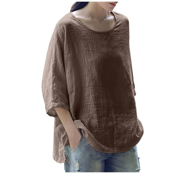 Fartey Plus Size Cotton Linen Tops for Women Loose Fit 3/4 Sleeve Shirts Fashion Simple Solid Color Crew Neck Blouses Summer Casual T-Shirts